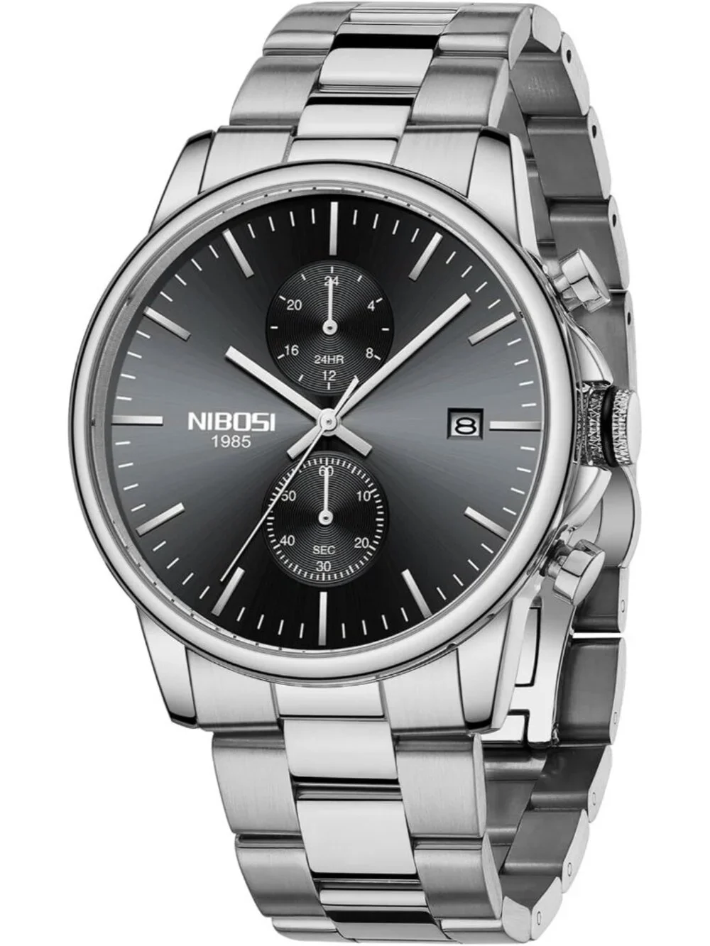 Men's Silver Black Stainless Steel Quartz Waterproof Day Date Casual Wrist Watch